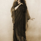 Elegant woman in vintage black dress and veil against textured backdrop