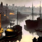 Misty Harbor at Dawn with Tall Ships and Glowing Lights