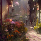 Colorful flowers and cobblestone street scene with person walking