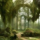 Enchanting forest scene with moss-covered pathway and Gothic window archway