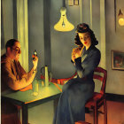 Stylized painting of man and woman at table with retro ambiance