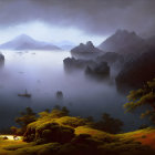 Twilight mountainous landscape with lush greenery, silhouetted peaks, and tranquil water.