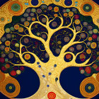 Intricate Golden Tree with Colorful Flowers on Blue Background