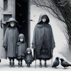 Four cloaked figures among crows in eerie setting.