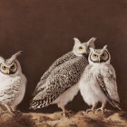 Three owls with yellow eyes on branch against brown background