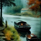 Tranquil river scene with rowboat and autumn trees