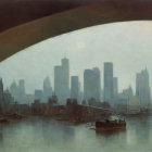 City skyline painting under arched bridge with boats in hazy atmosphere