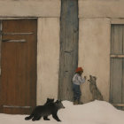 Raccoon and Dog Painting Between Wooden Doors in Snowy Scene