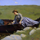 Woman in flowing dress and hat reaching from rowboat to grassy hills under blue sky