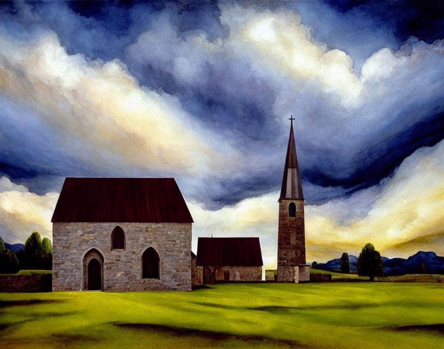 Rural landscape painting with stone church, dramatic sky, green fields, mountains