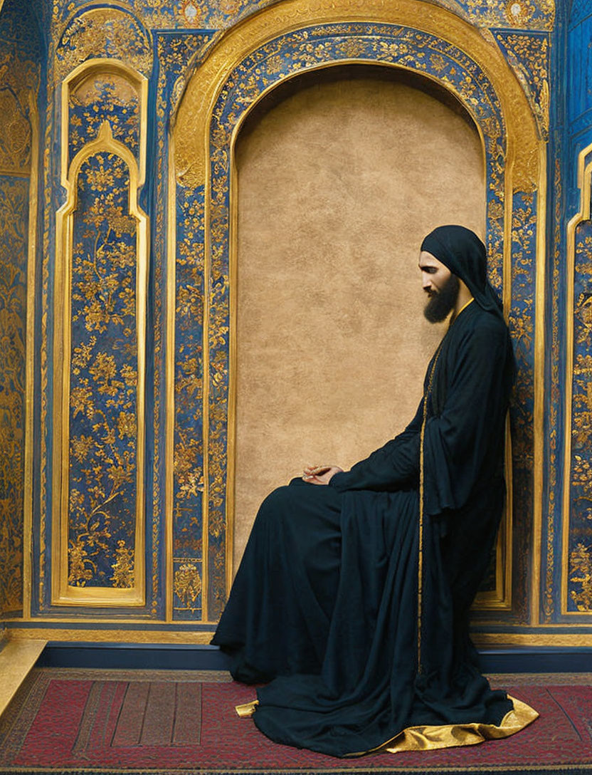 Bearded person in black clerical attire near ornate blue and gold archway