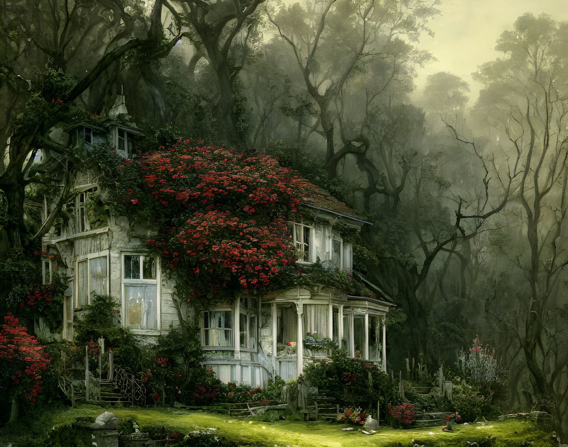 Weathered two-story house engulfed by red flowers and ivy in misty forest