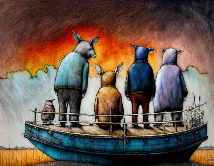 Anthropomorphic Kangaroos in Sweaters Watch Sunset on Boat