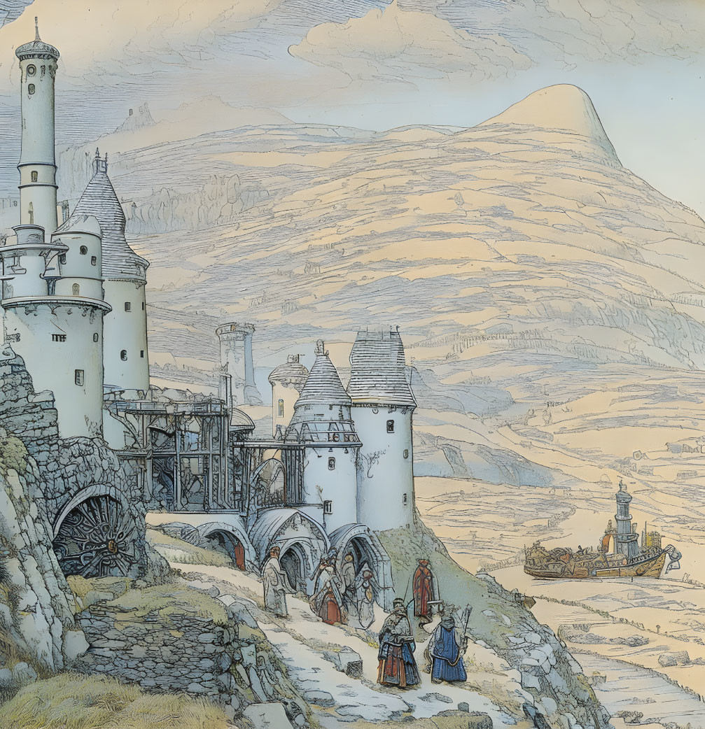 Medieval castle with towers, waterwheel, travelers, ship, hills, and mountains.