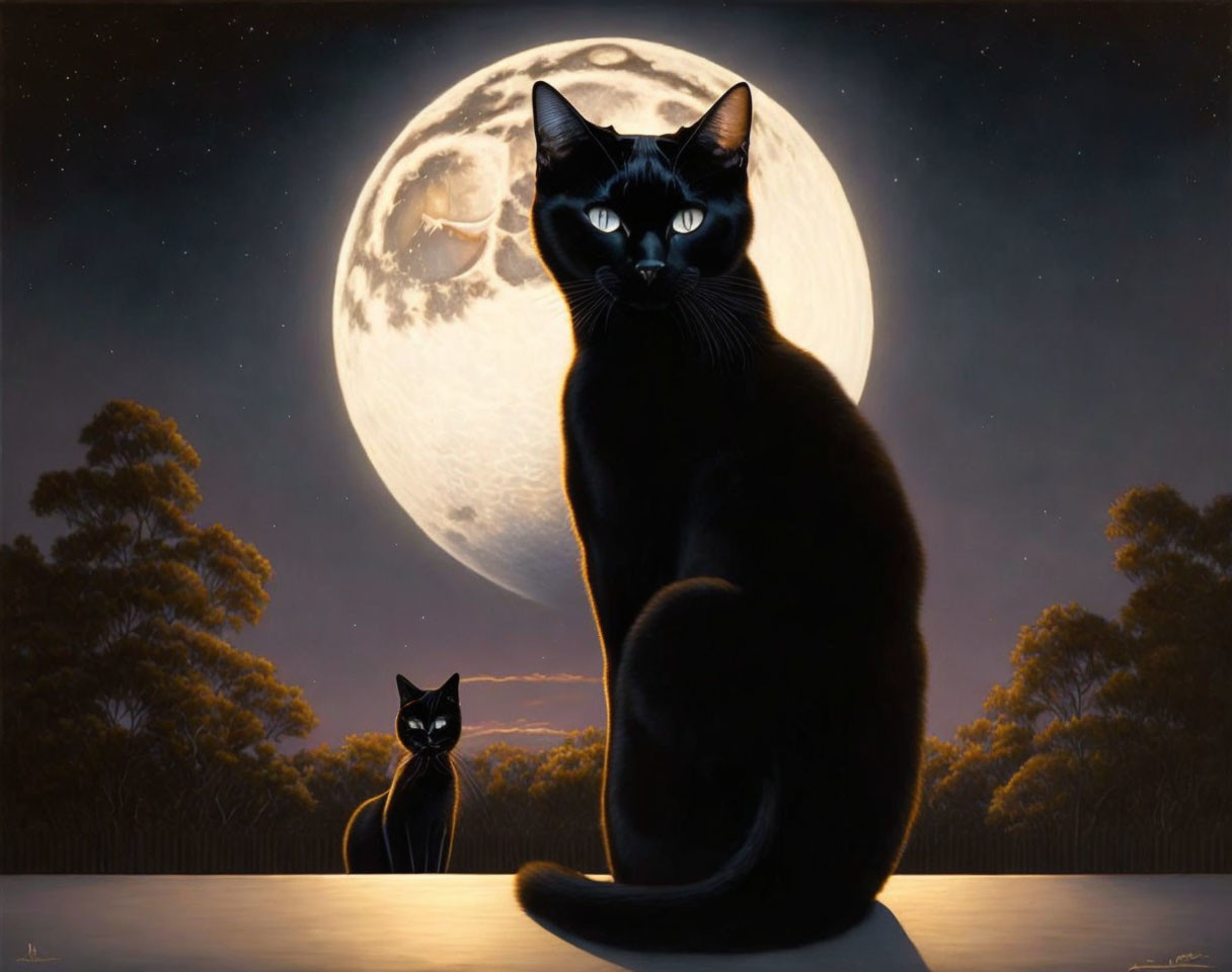 Two black cats under full moon in night scene with trees