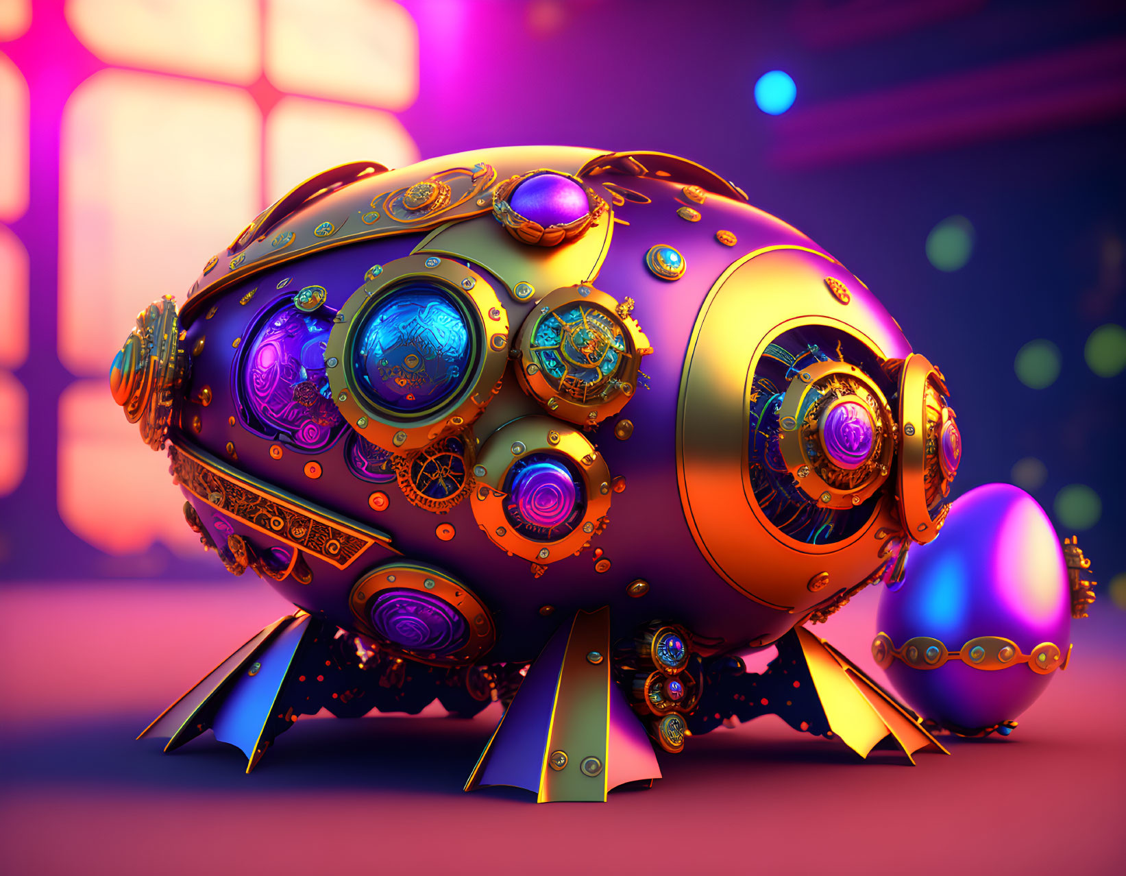 Colorful steampunk-style submarine with gears and portholes on neon-lit background