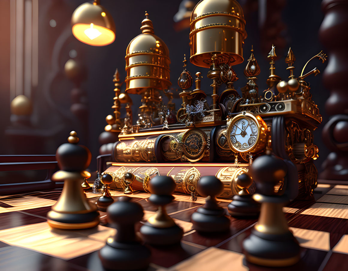 Steampunk-Themed Chess Set with Metallic Pieces on Wooden Board