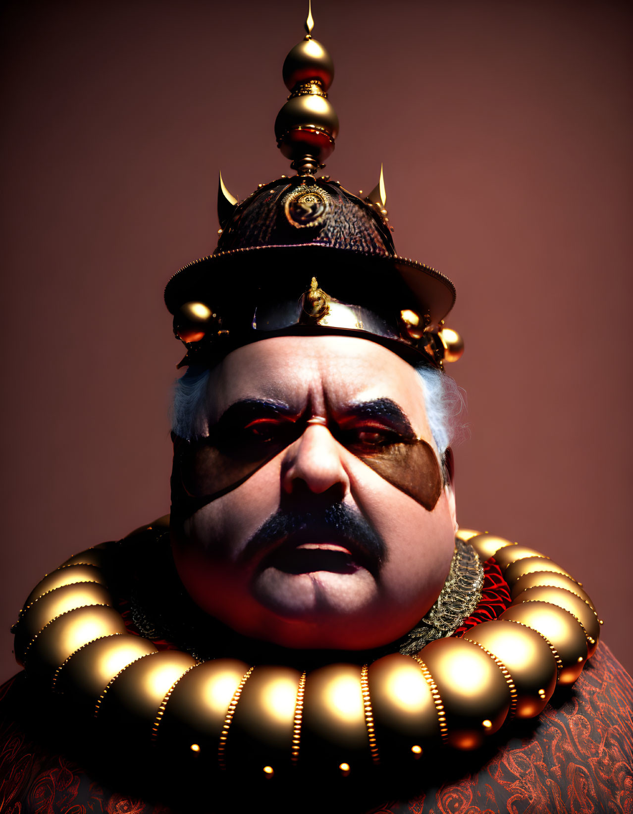 Regal character with golden crown in 3D rendering