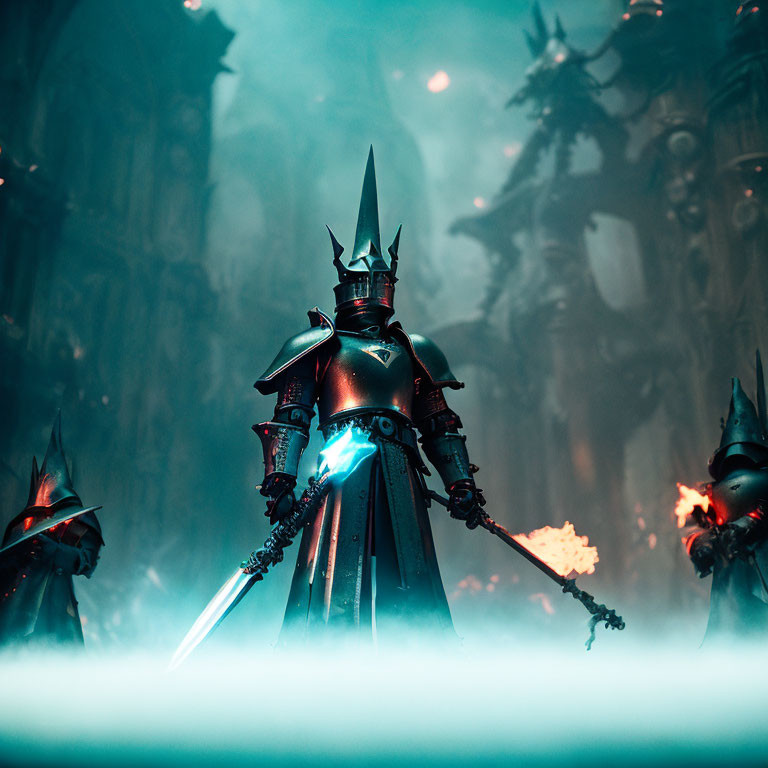 Armored knights with glowing weapons in mist, central figure wields blue-lit sword