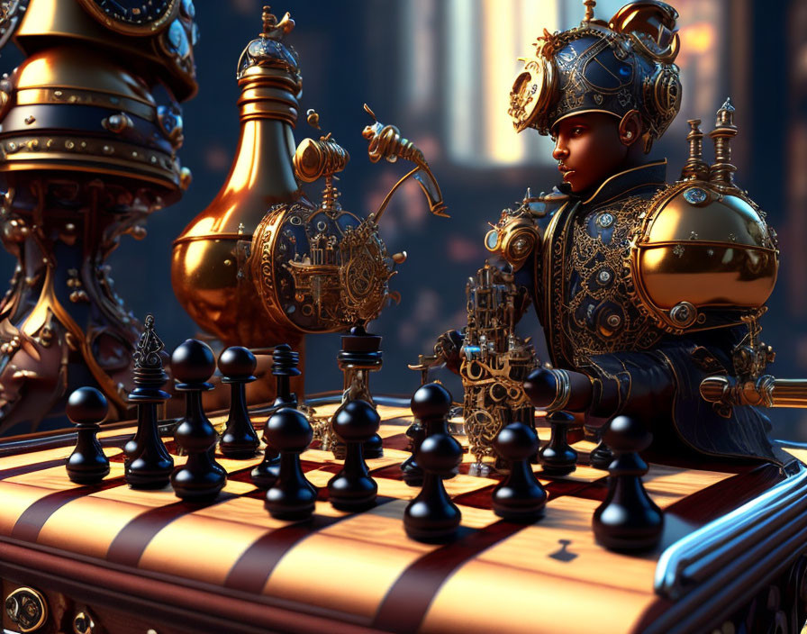 Detailed Steampunk Chess Game with Mechanical Pieces and Child Robot in Armor