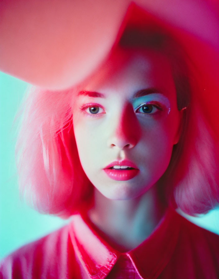 Pink-haired young woman under red lighting with shadowed face.