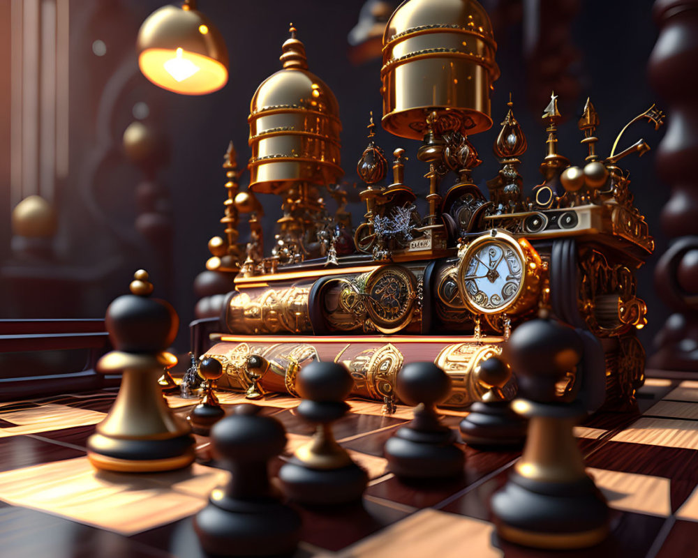 Steampunk-Themed Chess Set with Metallic Pieces on Wooden Board