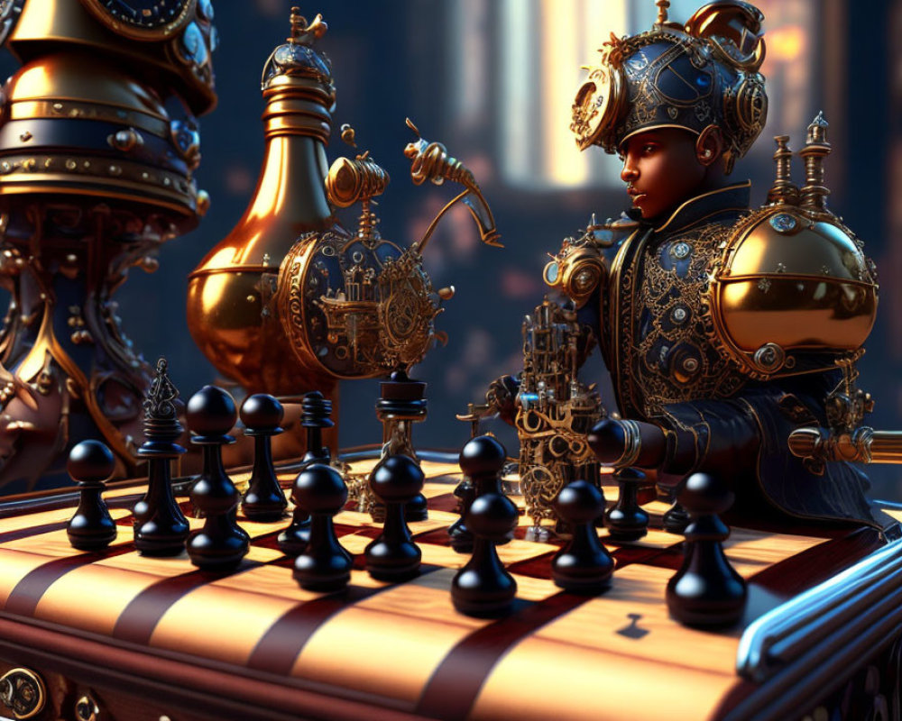 Detailed Steampunk Chess Game with Mechanical Pieces and Child Robot in Armor