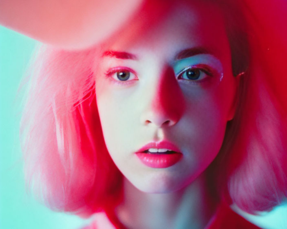 Pink-haired young woman under red lighting with shadowed face.