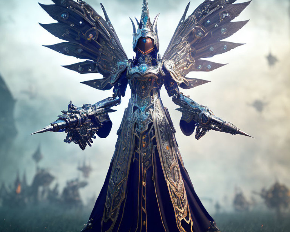 Futuristic warrior in ornate armor with mechanical wings in misty battlefield.