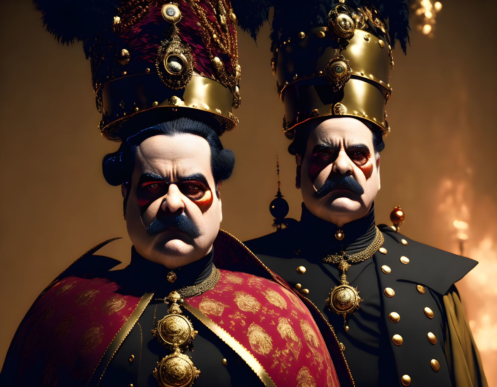 Identical figures in military uniforms with stern expressions and handlebar mustaches on dark backdrop