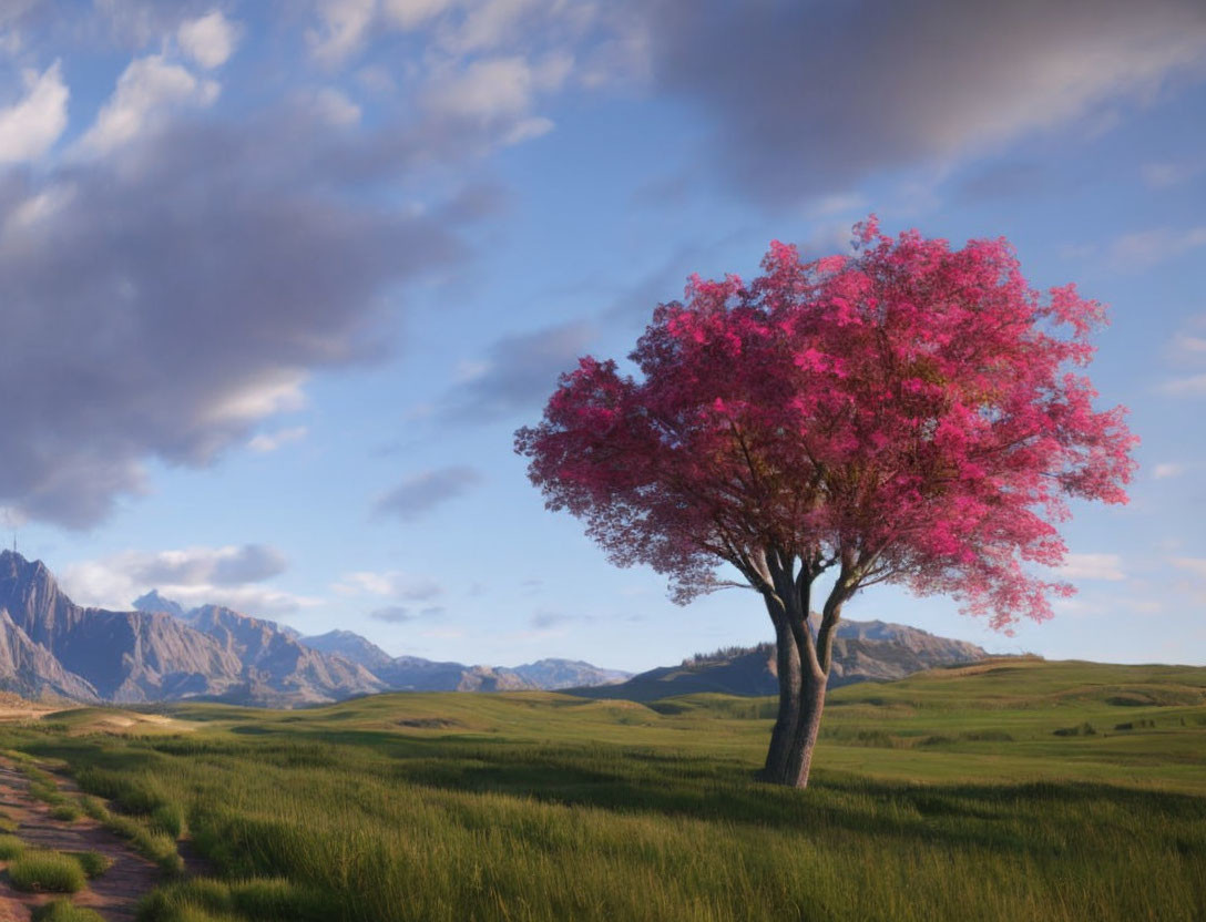 Vibrant pink tree in green meadow with winding path and mountains under blue sky