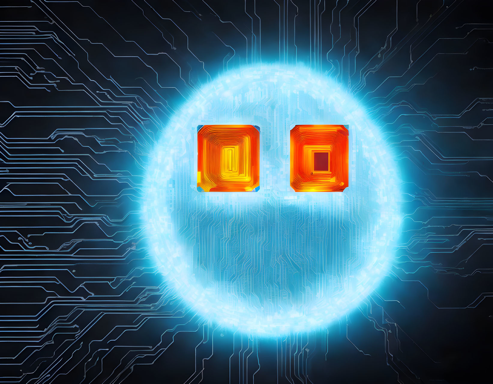 Orange Square Holograms in Blue Energy Field on Circuit Background