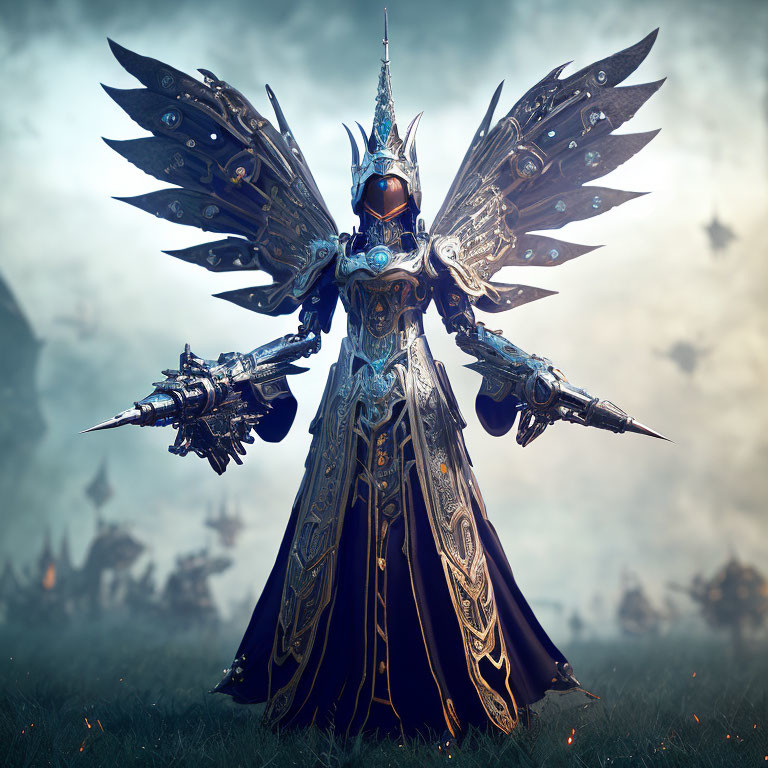 Futuristic warrior in ornate armor with mechanical wings in misty battlefield.