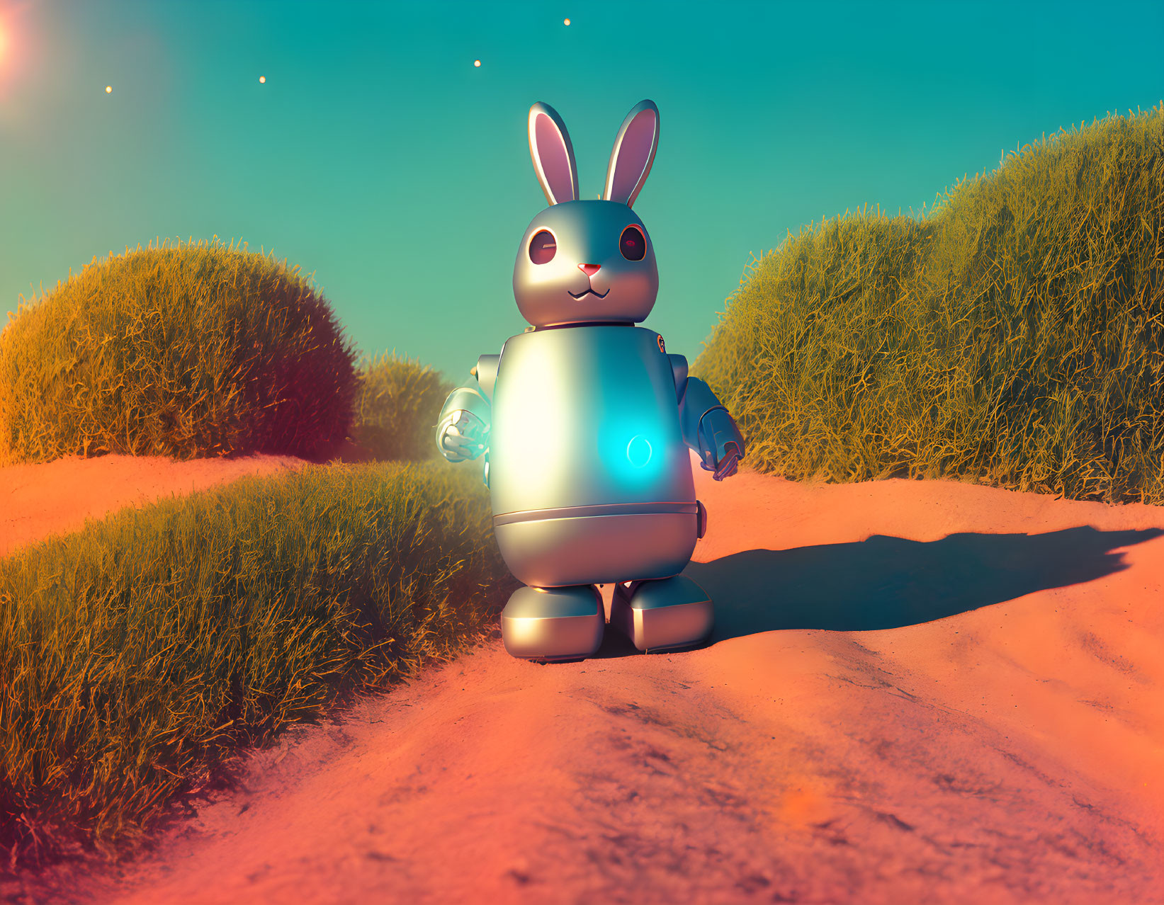 Robotic bunny with red eyes and blue core in sunset landscape