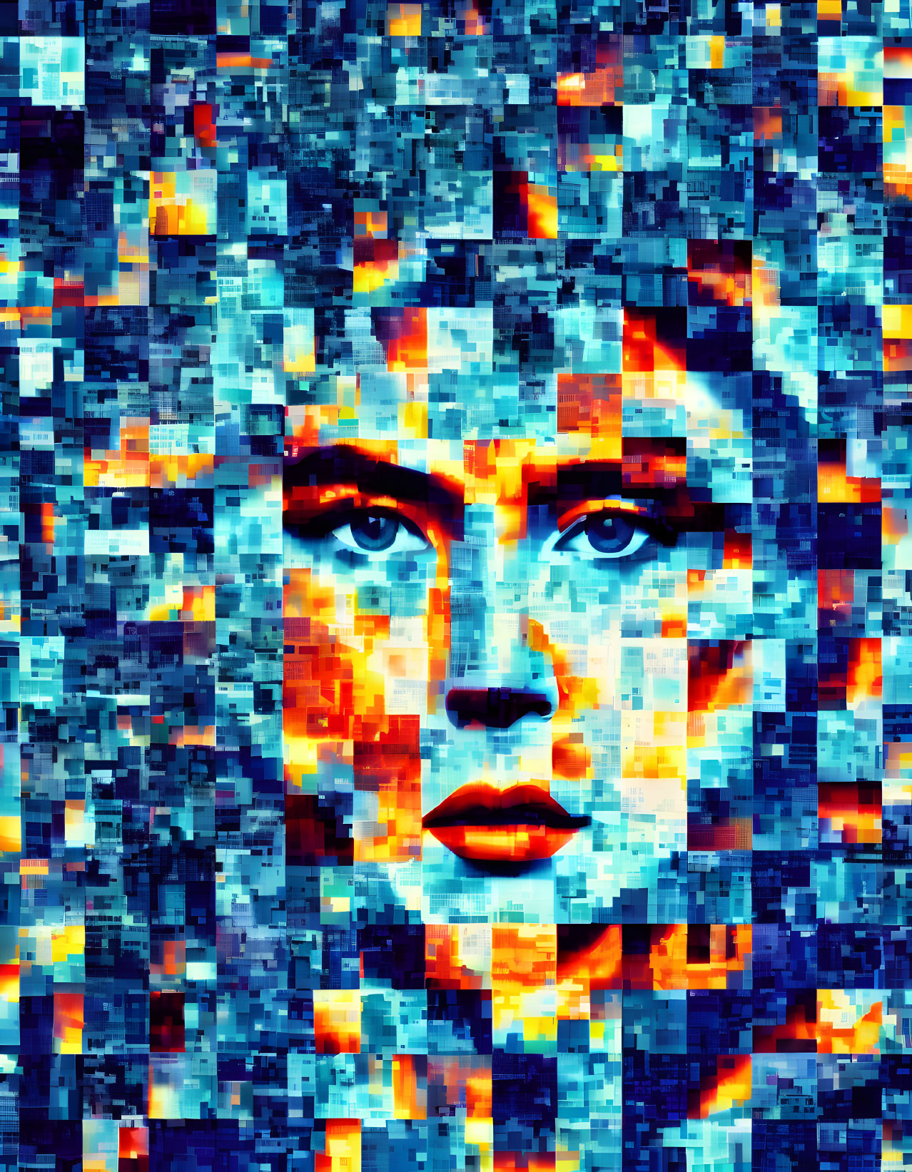 Digital mosaic portrait of a woman with blue eyes and fair skin on vibrant pixelated background