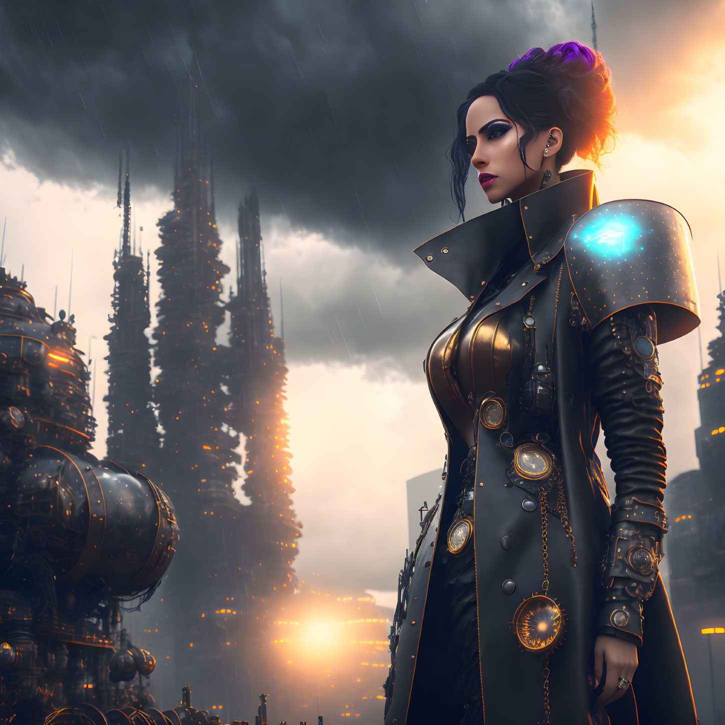 Futuristic warrior woman with purple hair in stylized armor in dark cityscape