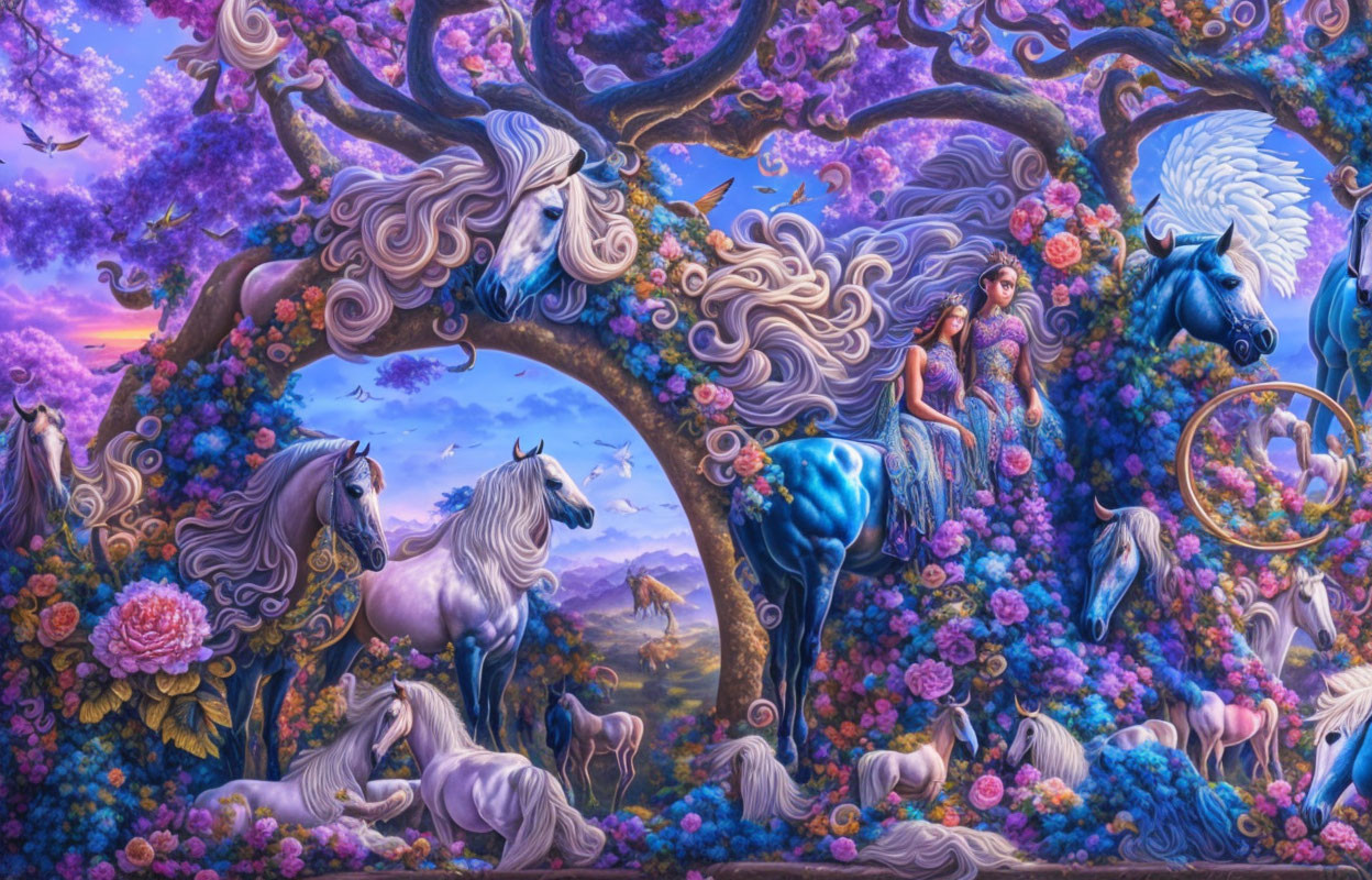 Majestic unicorns and ethereal figures in vibrant fantasy landscape