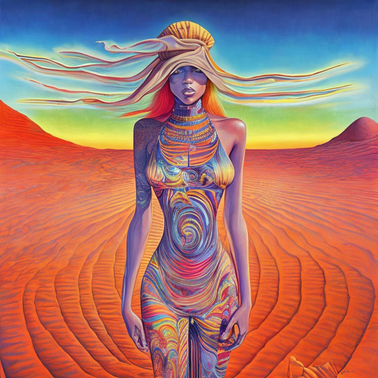 Colorful Woman in Desert Landscape with Flowing Hair