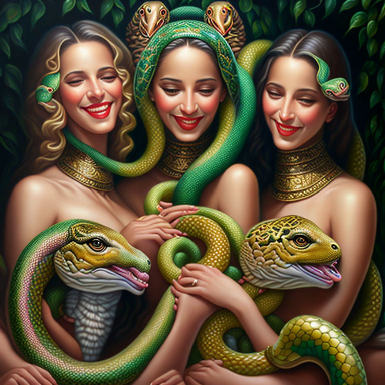 Vintage Hairstyles & Serpentine Jewelry: Smiling Women Posed with Realistic Snakes