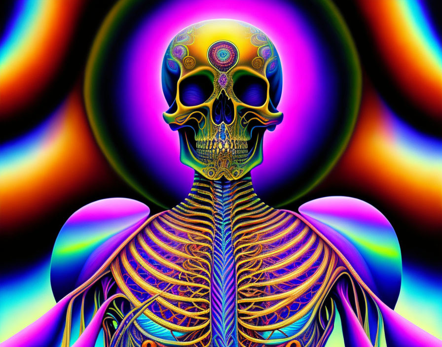 Colorful Psychedelic Human Skull Artwork with Swirling Patterns