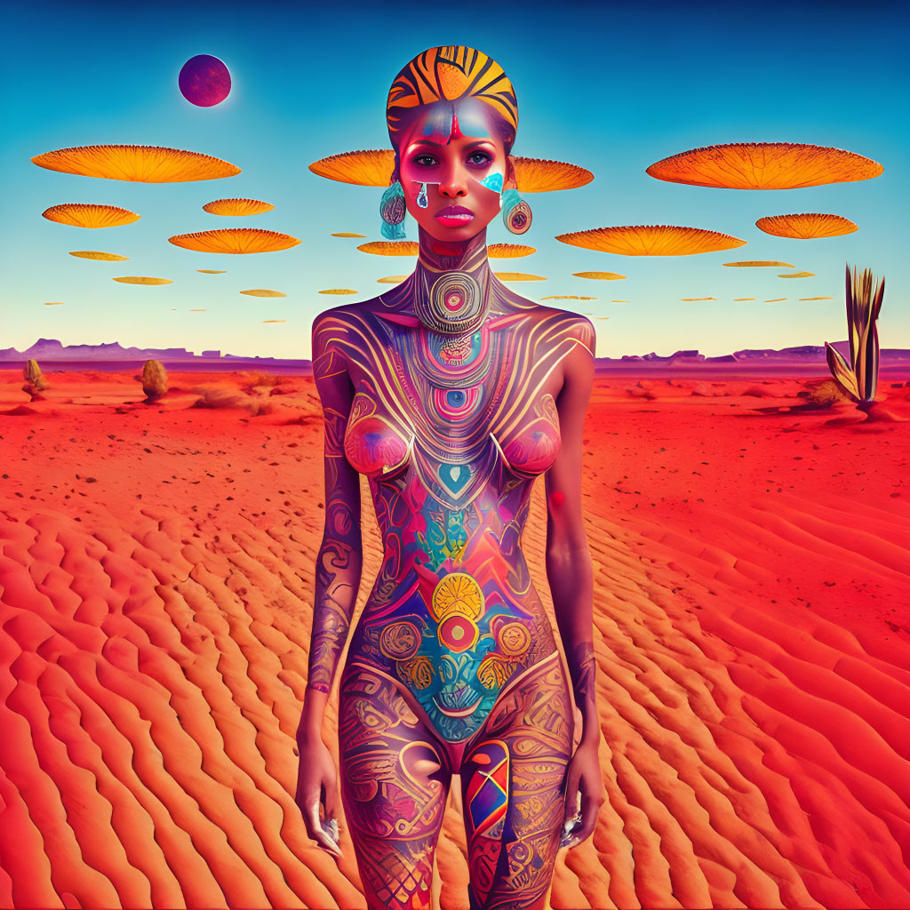 Vibrant futuristic woman with body art in desert landscape