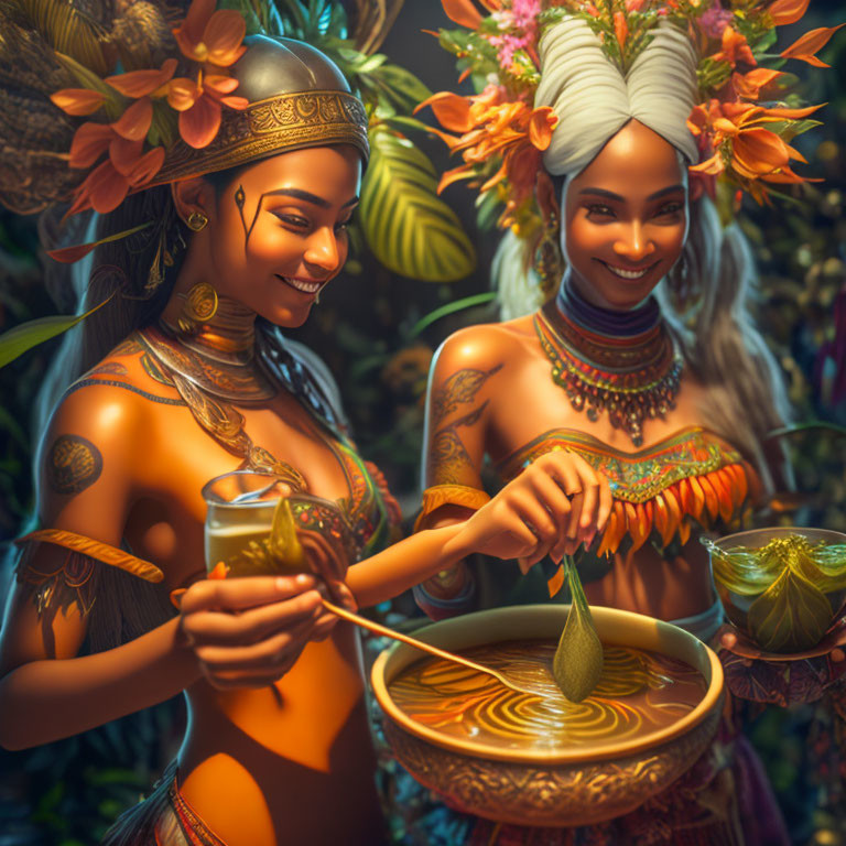 Two women in tropical attire smiling while preparing a drink with foliage in the background.