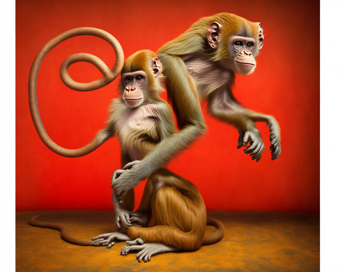 Stylized monkeys with human-like features on red background