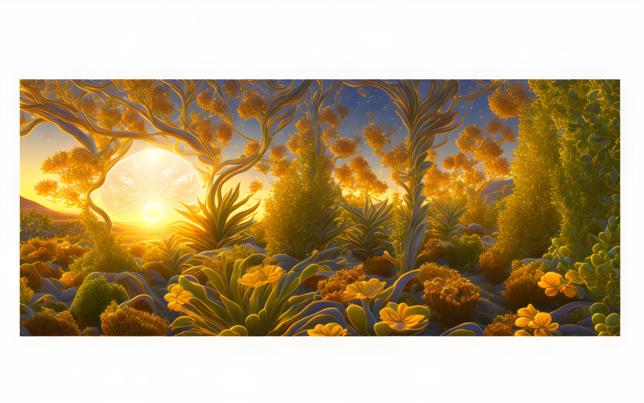 Sunlit surreal forest with golden hues and blooming yellow flowers