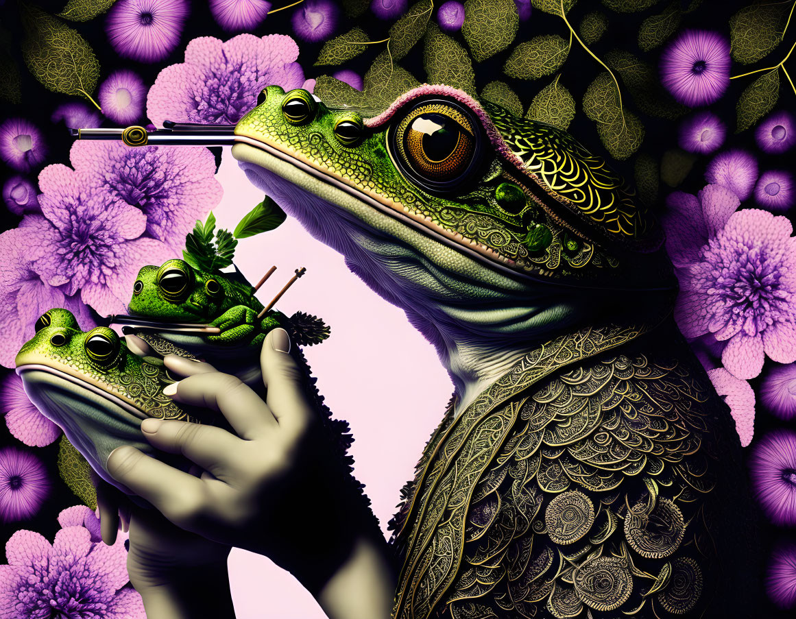 Stylized frogs with intricate patterns and cocktail on floral backdrop