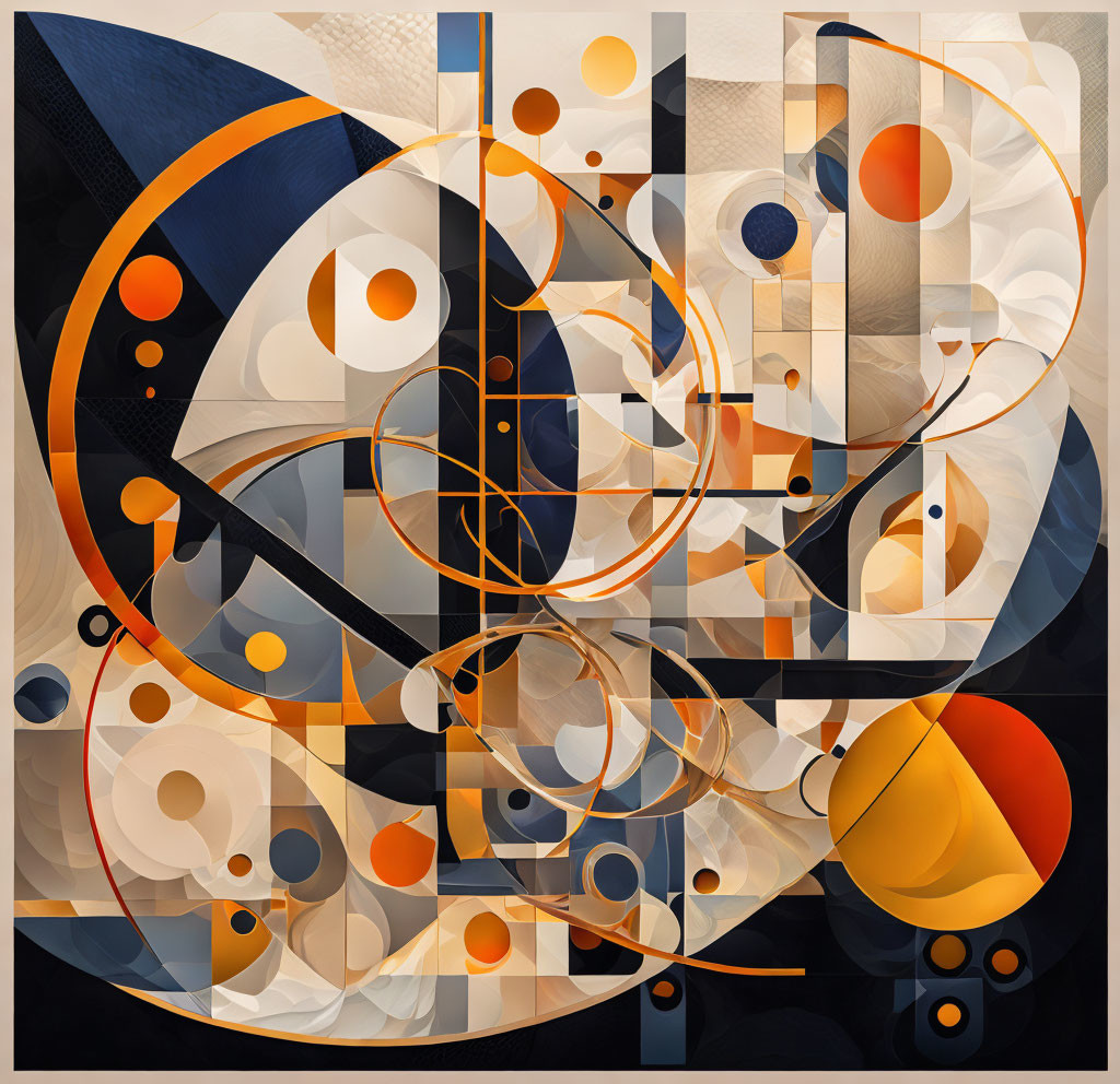 Geometric Abstract Painting: Overlapping Circles and Squares in Blue, Orange, and Beige