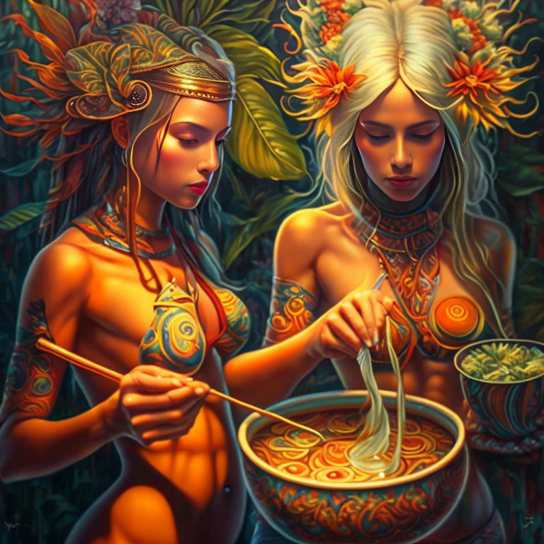 Stylized mythical women with ornate body paint and headdresses in lush setting