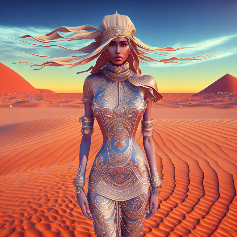 Digital artwork: Woman in futuristic Egyptian attire in desert with pyramids at sunset