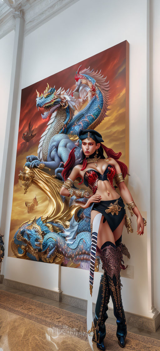 Warrior woman and dragon in ornate armor in grand interior