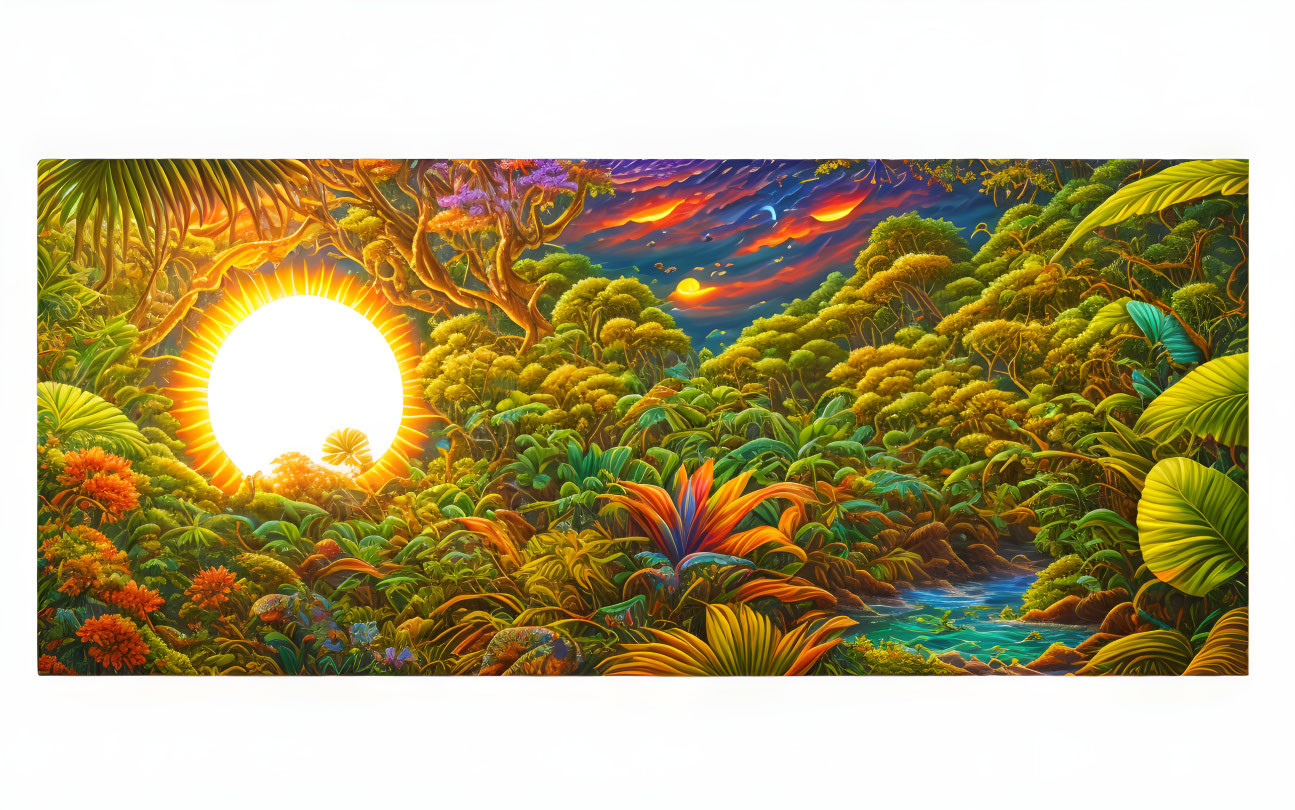 Lush jungle scene with glowing sun, river, colorful sky